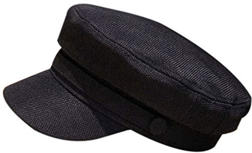 Paowsietiviity - Gorra de capitán marino de algodón y lino, estilo bretón retro, boina plana alta, gorra de pescador Newsboy unisex, azul denim oscuro, Negro , Talla única