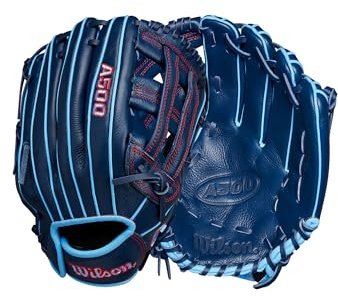 Wilson A500 - Guanto da baseball per bambini, mano sinistra, 12 pollici, colore: blu marino/blu/rosso