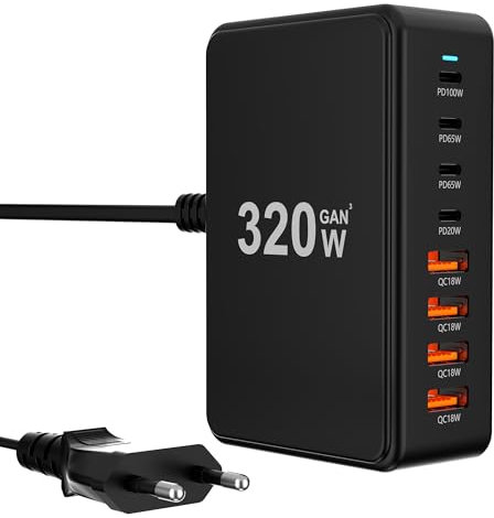 Caricatore USB C: 240 W 8 porte alimentatore di rete adattatore multiplo caricatore con 4 USB-C&A, caricatore rapido PD 3.0 caricatore alimentatore di rete (320W)