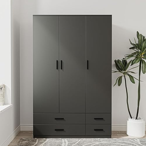 URBNLIVING Modern 3 Door 4 Drawer Wardrobe with Hanging Rail, Bedroom Furniture, Storage Shelf Clothes Organiser Stylish Design, Ample Storage Solution (Black)
