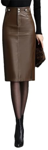 Gonna in pelle da donna con spacco laterale invernale da donna a vita alta avvolgente gonna elegante da ufficio gonna a matita, Marrone, L