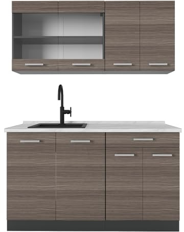 Vicco Singleküche R-Line, Edelgrau, 140 cm, AP Marmor, zur flexiblen Erweiterung mit weiteren Modulen geeignet