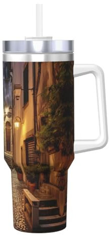 Italian Old Street, borraccia termica a doppia parete in acciaio inox, con manico e coperchio con cannuccia, 1184 ml