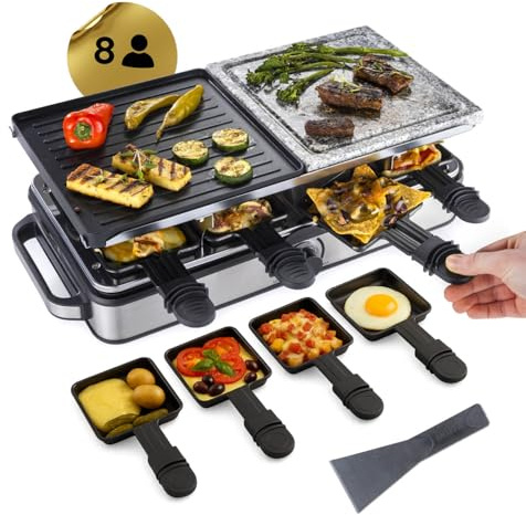 GOURMETmaxx 2-in-1 Raclette Set 8 Personen | Raclette mit Steinplatte und Aluminiumplatte inkl. 8 Pfännchen & Schabern | Raclette-Kombination mit Temperaturregelung | Elektrischer Grill für 8 Personen