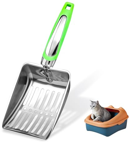 Nokwocy Pelle à litière pour Chat - en métal - avec poignée en Bois - Taille des Pores de 5mm - Pelle pour Chat, Pelle litiere Chat, Pelle a litiere Chat, Pelle litiere (Green)