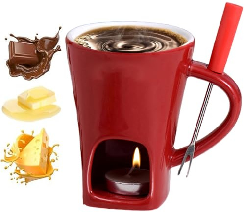 Chocolate Fondue Mug with Forks - 130ml Ceramic Chocolate Melting Cup, Butter Warmers Pot Set, Personal Cheese Melting Cup, Fondue Heated with A Tealight, Warmer Mug for Candy Snack Caramel Party