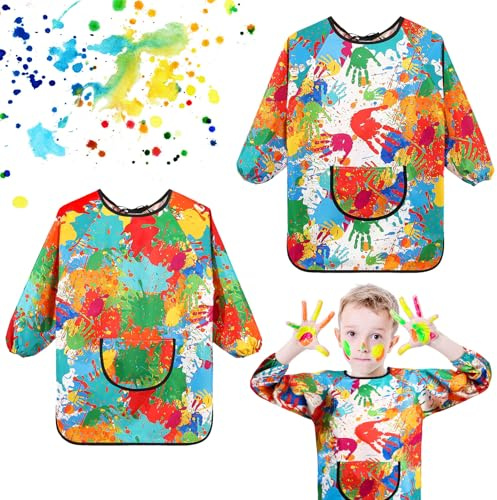 ViEinkaufen 2Pcs Kids Painting Apron Art Apron for Kids Waterproof Graffiti Long Sleeves Smock with Large Pockets for Cooking Painting Crafts Aged 6-12