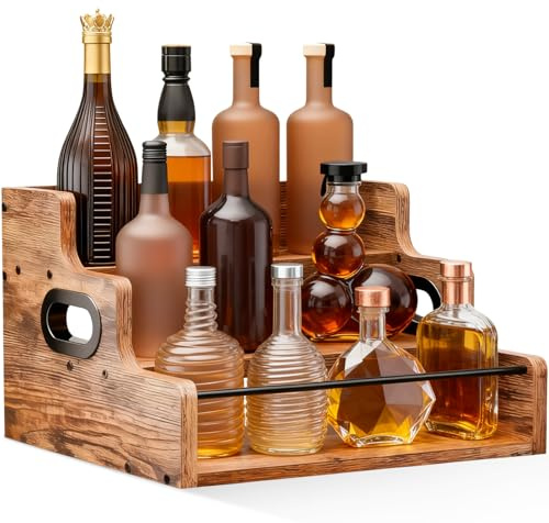 Xinxinphi Hylla likörflaskor med handtag, 3 nivåer trä vinställ, bar kaffesirap arrangör, köksflaskhylla, minibar vinställ för spritflaskor, whisky, likör, kaffe, vin