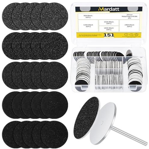 Mardatt 151pcs Replacement Sandpaper Discs with Metal Nail Drill Bit kit, 25mm/1” 80/120/150/180/240 Gift Black Round Manicure Pedicure Sanding Paper Disc for Remover Foot Dead Skin