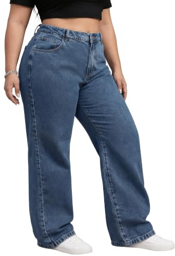 Women's Plus Size High Waisted Wide Leg Jeans Elastic Waist Straight Leg | baggy jeans loose fit curve blue Stretch Waistband high rise Comfort Casual Trousers with Pockets Button Zipper Closure