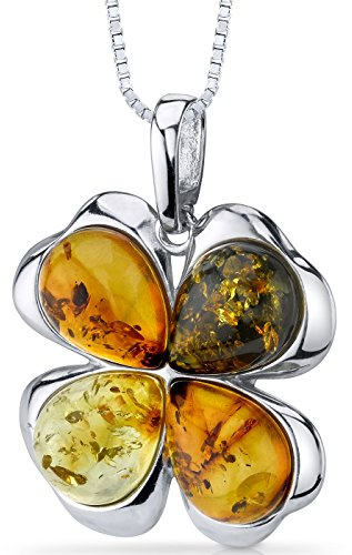 PEORA Genuine Baltic Amber Shamrock Lucky Clover Pendant Necklace for Women 925 Sterling Silver, Rich Cognac, Honey and Olive Green Colors, with 18 inch Chain, Real Baltic Amber Necklace for Adults,