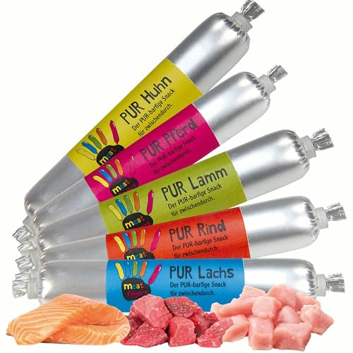 Schecker Hundewurst - Meatfingers PUR Mix - Schnittfest - Grob-Stückige Mini Fleischwurst ohne Gewürze für Hunde - 5 Sorten (Huhn, Lamm, Rind, Lachs, Pferd) - 5 x 70 g