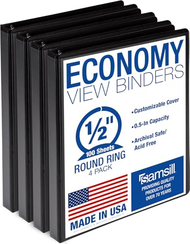 Samsill 0.5 Inch 3 Ring Binders, Economy Round Ring, Clear View Cover, 100 Sheet Capacity - for School, Home, Office - Black, 4 Pack