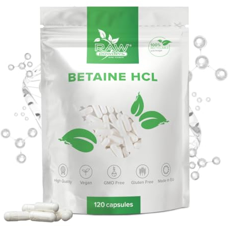 Betain HCL 650mg, 120 Kapseln – Unterstützung für Verdauung & Magen Gesundheit – Reine Zutaten, GMO- & Glutenfrei – GMP-zertifiziertes Nahrungsergänzungsmittel von Raw Powders