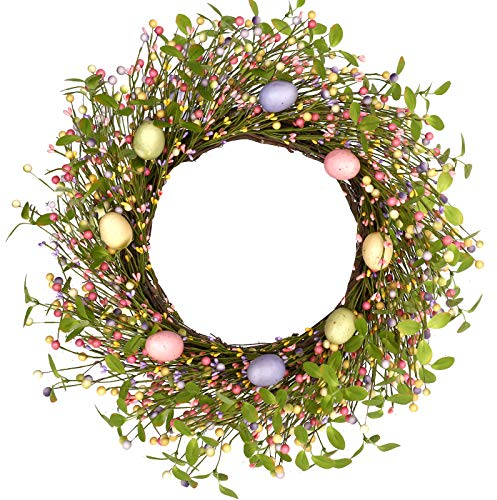 J'FLORU Corona de Pascua Artificial de 20 Pulgadas, Coronas de Pascua para Puerta Delantera, Corona de Huevos con Bayas Coloridas para decoración Interior de Ventana, Pared y Exterior