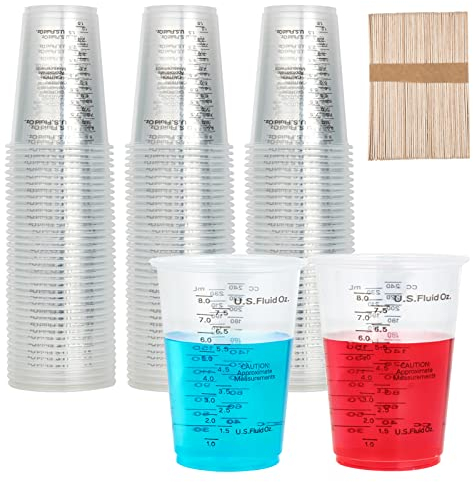 200 PACK Plastic Measuring Cups, 8 oz Disposable Mixing Cups with 100 Wooden Mixing Sticks, Can Be Used for Epoxy Resin, Liquid Measuring, Paint, Cooking and Baking