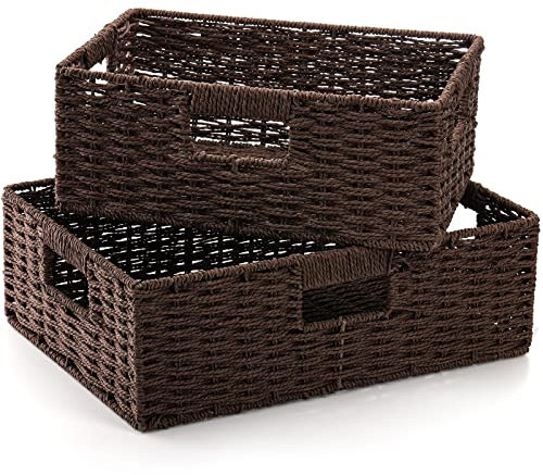 TOPZEA 2 Pack Large Rectangular Wicker Storage Basket, Woven Closet Storage with Handle, Decorative Pantry Organization Basket for Kitchen, Bathroom, Brown