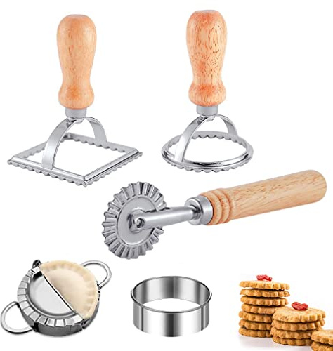 Ravioli Pasta Cutter Wheel Set of 5, Ravioli Makers with Roller Ravioli Stamp Cutter Set with Wooden Handle, Pasta Press Wheel Pasta Maker Tools For Pasta Making Dumplings, Pierogi (Silver)