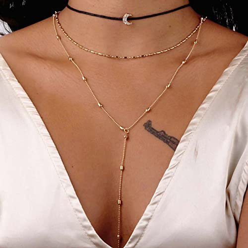 TseenYi lager Lariat halsband choker boho pärlor Lariat Y halsband liten Cz måne hänge halsband liten pärla kedja lång Lariat halsband smycken för kvinnor och flickor (guld)
