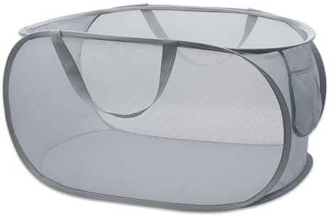 HONOMA Sturdy Mesh Laundry Hamper Basket Bag,Pop up Basket with Side Pocket for Laundry Room, Bathroom, Kids Room, College Dorm or Travel (Pop Horizontal, Grey)