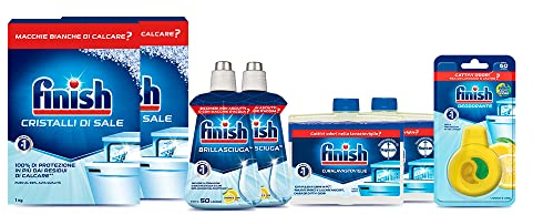 Finish Kit Additivi Lavastoviglie, 2 Confezioni Brillantante Lemon 250ml, 2 Confezioni Curalavastoviglie regular 250ml, 2 Confezioni Cristalli Di Sale 1 kg, 1 Confezione Deodorante