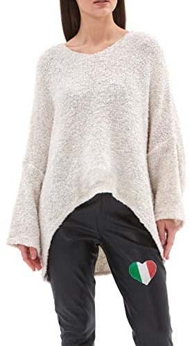 SOVENTUS FASHION Strickpullover Oversize lang grobmaschig Pullover Damen Strick V-Ausschnitt Herbst Winter Grobstrickpullover Pulli Damen, Made in Italy beige