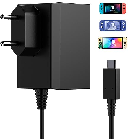 Jippofu Caricatore per Nintendo Switch, USB C Alimentatore per Switch Lite/Switch Oled/Switch Pro Controller/Switch Dock, Supporto Modalità TV e Docking Station 15V 2.6A Caricabatterie Charger 1,5m