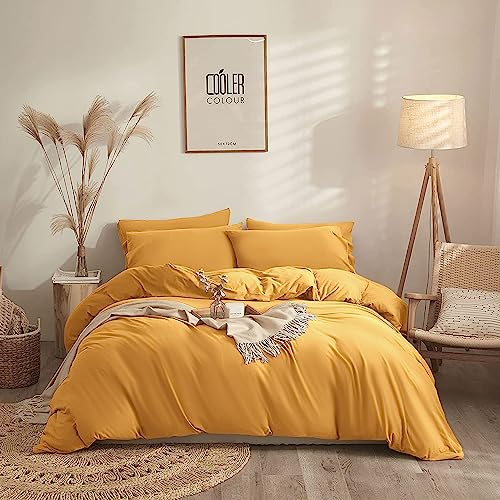 Yorkshire Bedding Duvet Cover Sets Soft Breathable Brushed Microfibre Plain Double Duvet Cover with Pillow cases Button Closure Quilt Cover Bed Set Ochre