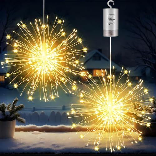 Joycome Fuochi d'Artificio 2 Pezzi 180 LED Fata Luci a Batteria, 8 Modalità Luci della Stringa con Telecomando, Timer, IP65 Impermeabile Appendere le Luci per Interno Esterno Natale Giardino Festa