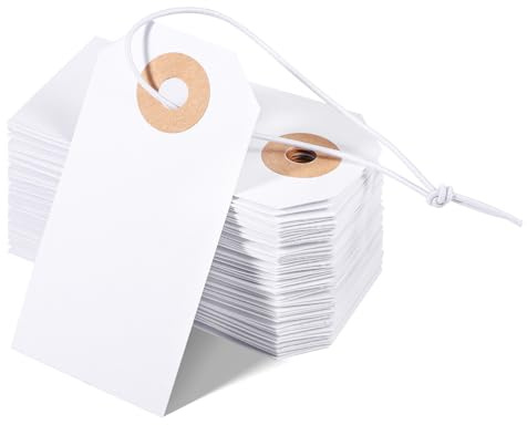 Prudiut 100 Pack Gift Tags with Elastic String White Price Tags Marking Hang Tag Attached Reinforced Hole Writable for Valentine's Day Gifts Inventory Tag 2.75'' x1.37''