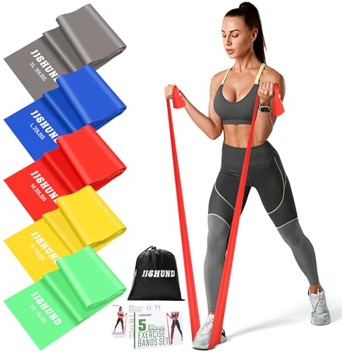 5 Stücke Fitnessbänder, 1.5M Widerstandsbände Gymnastikband in 5 Stärke Resistance Bands Fitnessband mit Übungsanleitung für Pilates Yoga Männer Frauen Sport Home Gym