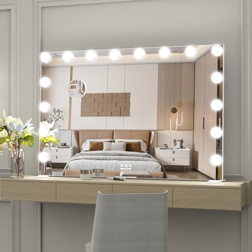 WONSTART Espejo de tocador Grande con Luces, 91 x 61 cm, Espejo Iluminado Hollywood con Luce para Maquillaje, Luces Regulables con 3 ajustes de luz de Color, Blanco