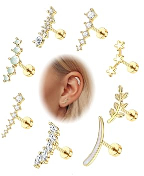 YADOCA 8Pcs 16G Helix Piercings für Damen Chirurgenstahl Tragus Ohrring Opal CZ Leaf Bar Ohr Piercing Ohrringe Conch Daith Tragus Piercing Schmuck Gold