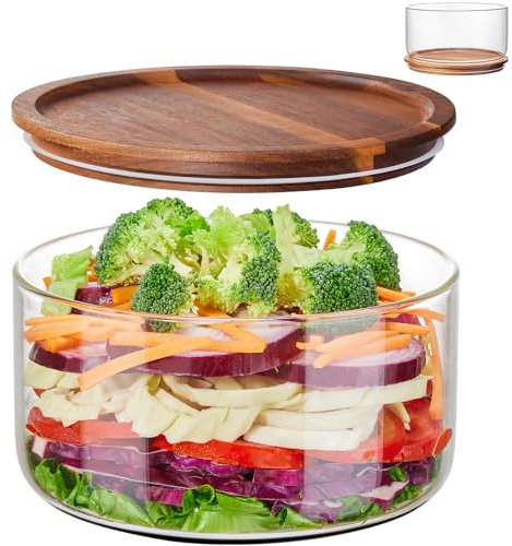 Intowalde Large Salad Bowl with Lid, 106 oz Glass Salad Bowl with Acacia Wood Lid, Versatile Glass Trifle and Fruit Bowl, Large Mixing Bowl for Salads, Dessert, Fruit, Chips, Pasta, Dishwasher Safe