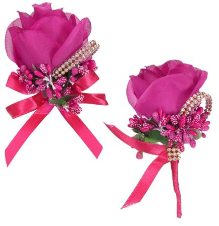 sourcing map Wrist Corsage and Boutonnieres Set Handmade Artificial Bride Hand Flower Corsages Men Buttonholes Pocket Boutonnieres for Bride Groom Wedding Anniversary, Rose Red