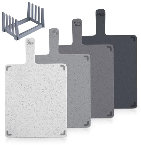 Chopping Board Set – 4 Colour-Coded BPA-Free Plastic Boards with Stand, Non-Slip & Dishwasher Safe – for Meat, Vegetables, Fish – Hygienic Grey Kitchen Set