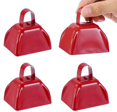 PATIKIL 4pcs Cow Bells for Football Games, 3inch Cowbells for Sporting Events Bulk Loud Noise Makers Metal Cow Bell with Handle for Cheering Competition Marathon Wedding, Red