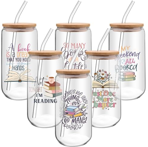 6 Pcs Book Lover Gifts 16 oz Drinking Cups Glass Cups with Lids Straws Iced Coffee Mug Tumbler Bookish Gifts for Readers Librarian Book Club Staff Nurse Teacher Gift Library Employee Reading Lovers