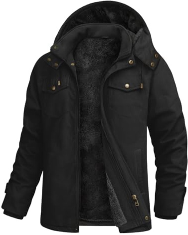 Xnova Mens Winter Parka Jackets Warm Fleece Lined Cotton Cargo Coats with Removable Hooded Zip Up Military Jacket Windbreaker Outerwear for Outdoor Work, Black, M