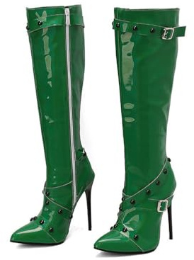 KUHAOFEU Stivali Alti da Donna con Punta a Punta, Cinturino con Fibbia, Tacco a Spillo, con Borchie, Stivali Lunghi Sexy da Abito con Cerniera,Verde,46 EU