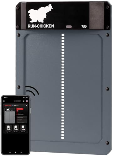 RUN-CHICKEN Tür T50 – automatische Hühnerklappe aus Aluminium, batteriebetrieben & wetterfest, App- & Timer-Steuerung, raubtiersicher, einfache Montage, zuverlässige Ganzjahresleistung (Grau)