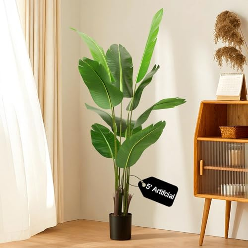 5FT Artificial Bird of Paradise Plant, Lifelike Faux Tropical Tree with 10 Lush Banana Leaves, Tall Artificial Plants Indoor for Living Room Bedroom Decor, Black Pot (5FT)