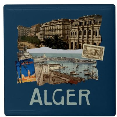 Fyrkantig keramisk kylskåpsmagnet - alger collage reseturism vykort - format 5 x 5 cm, dekorativ magnet souvenir för kylskåp och magnettavla, tryckt i Frankrike