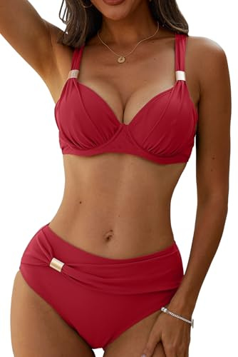 Yutdeng Women Two Piece Bathing Suits Underwire Push Up Bikini Set with Removable Pads High Waisted Swimsuit Vintage Swimwear Tummy Control Swimming Costume Burgundy