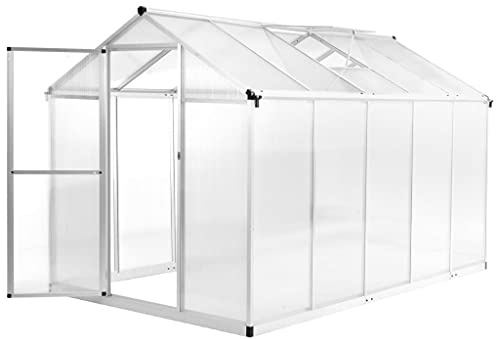 GeenYuu Växthus aluminium 302 x 190 x 195 cm med polykarbonat 3,8 mm, UV-resistent och värmeisolerat, 11,19 m³ volym, passar för tomathus, växthus, drivbänk, balkong och utomhusgrönsaker