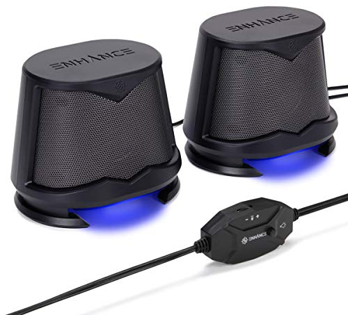 ENHANCE SB2-Computer Lautsprecher, PC Lautsprecher mit Blauem LED-Glimmlicht und 2.0 USB-Stromversorgung - 10 W Spitzenklang, Inline-Lautstärkeregler - Kompatibel mit Gaming-Desktop, Laptop, PC