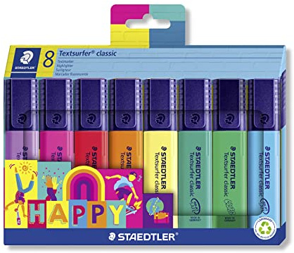 STAEDTLER Highlighter Textsurfer Classic, Happy Colours, Stor Bläckförvaring, Lång Märkningsprestanda och liv, Torra sekunder, 1-5 mm Spets 8 Highlighters i kartongfodral, 364 C8 HA