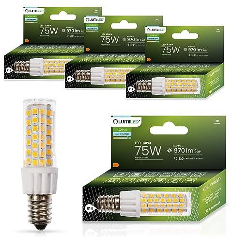 Lumiled LED Lampen E14 T25 4er Set Leuchtmittel 10W (ersetzt 75W) 6500K Kaltweiß 970lm 320° Lichtwinkel 230V Kühlschranklampe Glühbirne Kühlschrank Backofen Haube