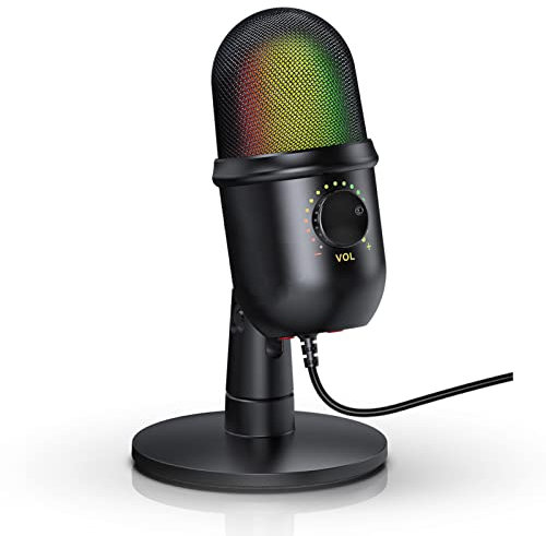Microfono Gaming para PC, Andoer Micrófono de Condensador RGB con Efecto de iluminación Colorido Monitoreo en Tiempo Real de Silencio con un botón con Soporte de micrófono de Escritorio para PC