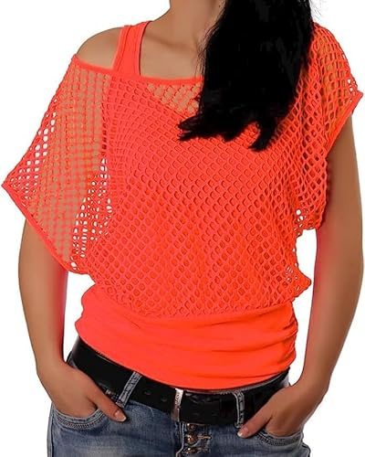 ELFIN Women 80s T Shirts Neon Fishnet Mesh Top Off Shoulder Tops Fany Dress for Women (Tops+Vest)